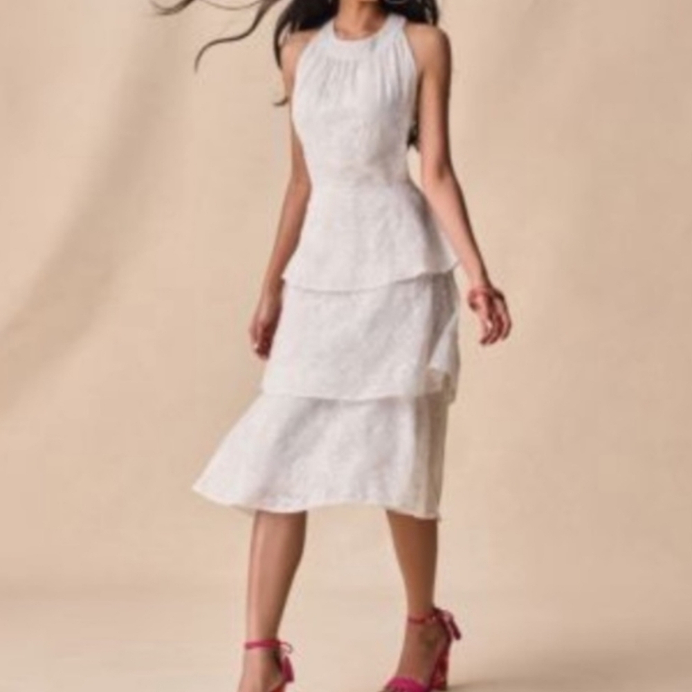 Tommy Hilfiger Dress Embroided Ruffled Tiered Sleeveless Midi  Dress Scandi Girl